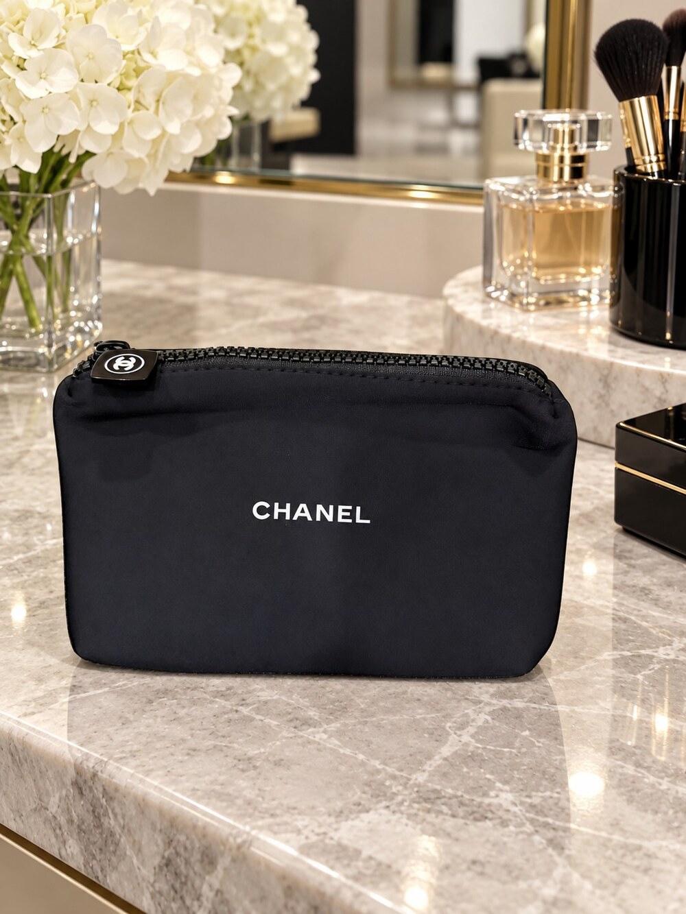 Chanel Black Zip Cosmetic Pouch | Compact Zippered Design